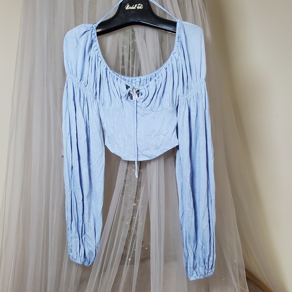 Urban Outfitters Baby Blue Boho Y2K Crop Top Hippie Peasant Gigot Sleeve 90s S - Picture 3 of 7